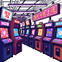 cyberpunk arcade retro machines neon lights