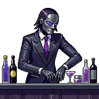 cyberpunk bartender android chrome serving drinks