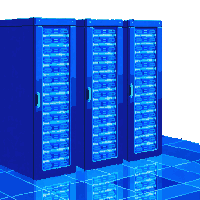 cyberpunk data center server racks blue glow