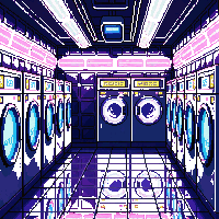 cyberpunk laundromat automated neon wash