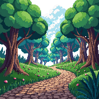 forest path cobblestone mossy winding trees