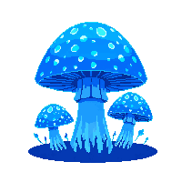 blue mushroom glowing bioluminescent small cluster