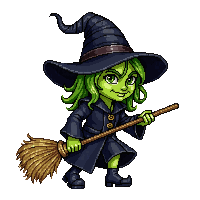 witch black hat green skin broom