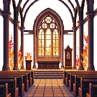 burned church ruins charred pews ash stained glass