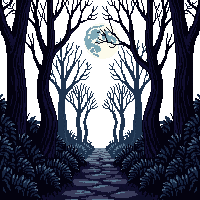 dark forest path twisted trees fog moonlight