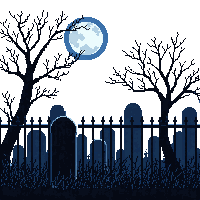 graveyard night tombstones iron fence dead tree