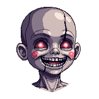 horror doll possessed cracked face smile