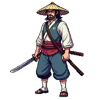 samurai ronin wandering straw hat sword ready