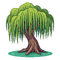 Willow Tree Weeping Branches Draping Green Pond — free pixel art sprite from the Japanese Garden collection, transparent PNG