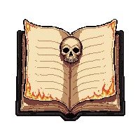 open spellbook with glowing pages  with skull emblem