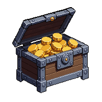 iron bound chest  wide open showing gold inside