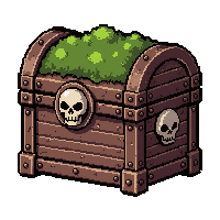 skull decorated chest  covered in moss