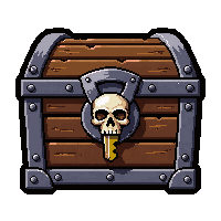 skull decorated chest  with a single key in the lock