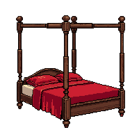 four poster bed  covered in red velvet