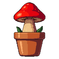 red mushroom  potted in clay pot