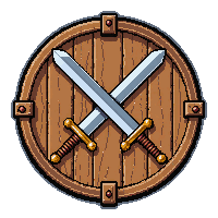 Round Wooden Shield With Crossed Swords — free pixel art sprite from the Marketplace Shields collection, transparent PNG
