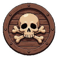 round wooden shield with skull and crossbones
