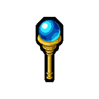 celestial gold staff topped with glowing blue orb