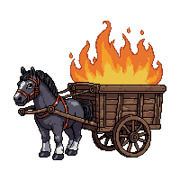 horse cart wagon  burning with fire
