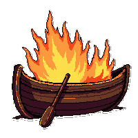 small rowboat  burning with fire