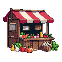medieval market stall fruit vegetables colorful