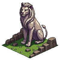 ancient ruins lion statue stone guardian seated mossy proud