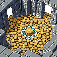 ancient ruins treasure pile gold coins gems scattered floor