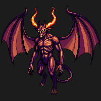 infernal demon large horns fire wings evil